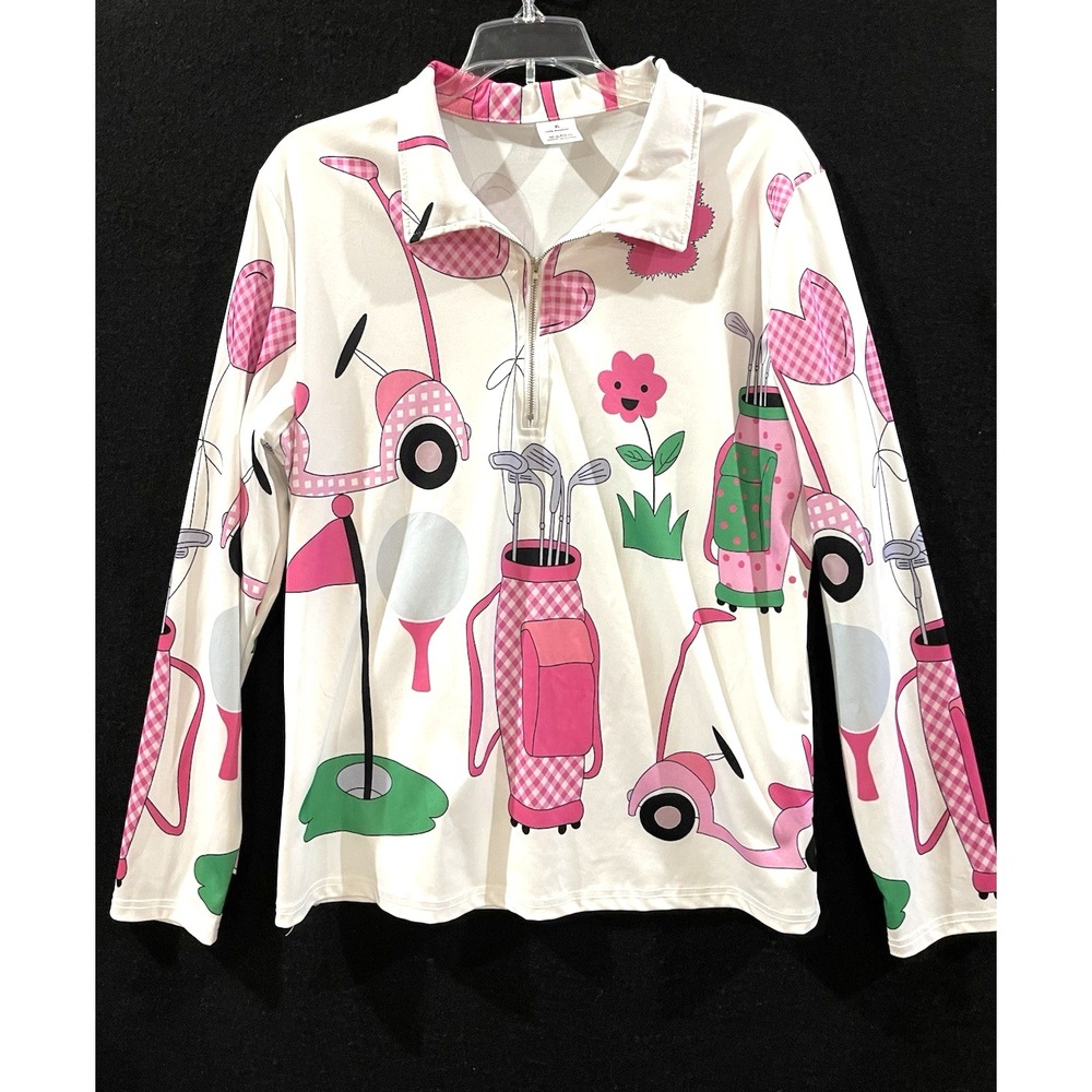 Whimsical Preppy Pink Sporty Girl Chic Golf Shirt XL Coquette Golf Cart